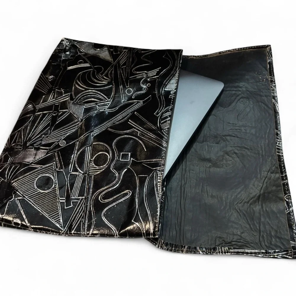 Geometric Faux Leather Laptop Sleeve Black Abstract Art Portfolio Clutch Case